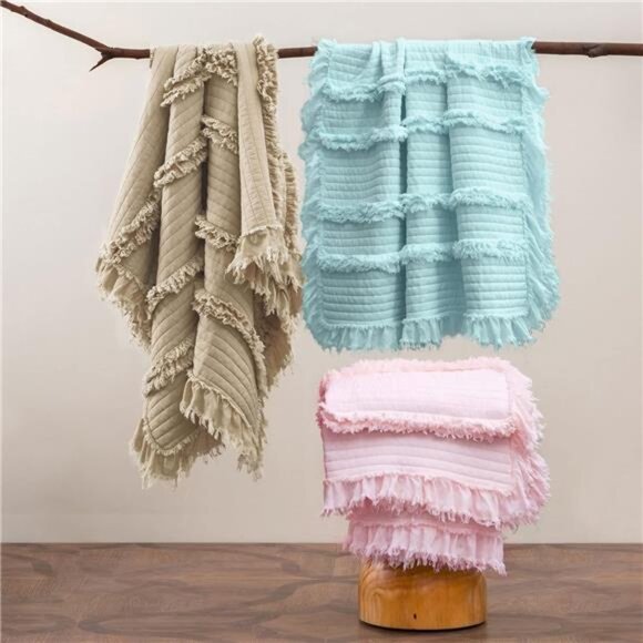 Ultra Soft Pre-Washed Quilted Boho Throw Blanket, Ruffle Fringed Beige - Picture 6 of 8